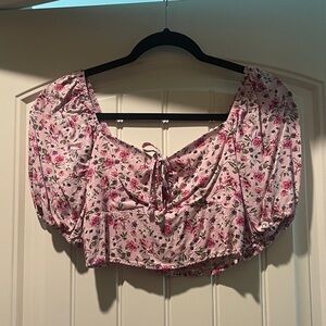 Floral Pink Cropped Peasant Top with Tie Front